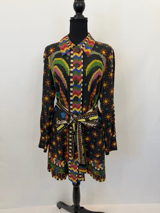 FARM Rio Dresses & Skirts - FARM Rio Black Cross Stitch Rainbow Sun Bird Linen Belted Shirt Dress M NWOT